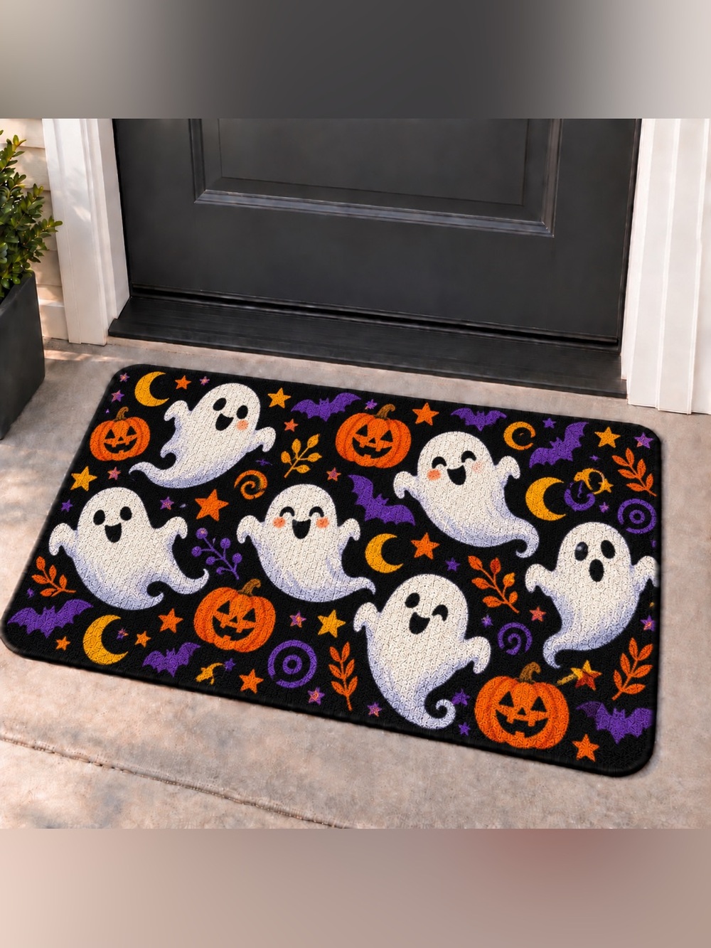 Halloween Ghost & Pumpkin Door Mat - Black/White/Orange/Purple